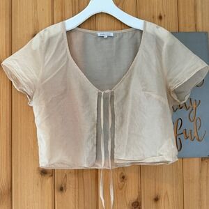 Cresent Tie Front Sheer Cropped Short Sleeve Top Size Large